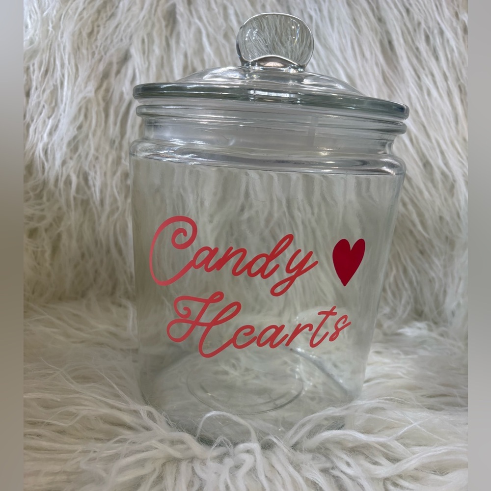 Glass Candy/Cookie Jar with the lettering Candy Hearts, pink hearts detail.